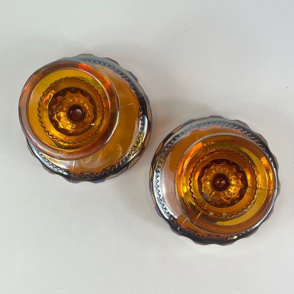 2 Indiana Carnival Glass Marigold King's Crown Thumbprint Compotes Wedding Bowl - Picture 4 of 7